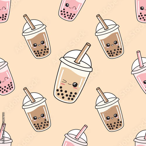 seamless pattern with bubble milk tea on pink background. vector, illustration	

