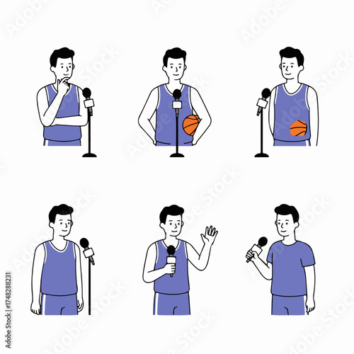 Basketball player speaking at a press conference or interview, depicted in various poses with a microphone, showcasing communication in sports.