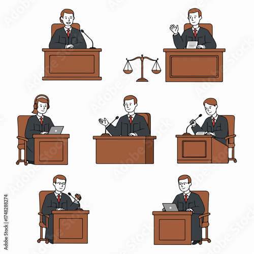 Cartoon illustration set of male and female judges and legal professionals engaging in courtroom activities, representing law and justice, with scales of justice.