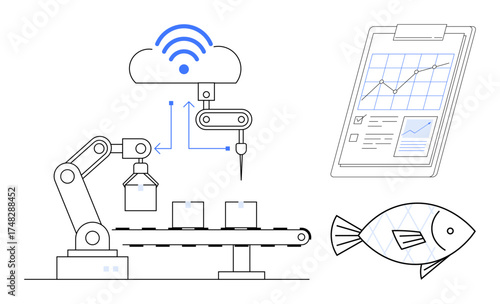 Robotic arm handling products with IoT cloud connection, data visualization on clipboard, and fish representation. Ideal for automation, food industry, technology, IoT, efficiency, analytics simple