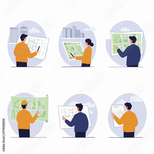 Professionals examining architectural blueprints, floor plans, and city maps, representing urban planning, design, engineering, and construction development processes in flat illustration style.
