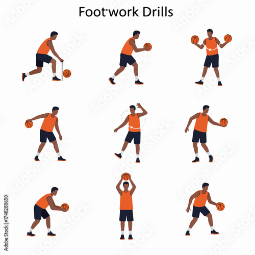 Illustration of a male basketball player performing various footwork drills, demonstrating techniques for dribbling, passing, and shooting practice.