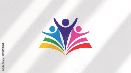 Modern minimalist logo of three joyful stick-figure people celebrating in a triangular layout above a rainbow book ribbon, clean vibrant gradient design on white background.