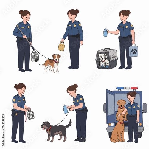 Female Animal Control Officers: Dog Rescue, Care, and Welfare Illustrations. Depicting various professional duties from handling and feeding to transport and compassion.
