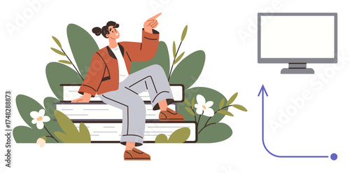 Person sitting on stacked books surrounded by plants pointing upward toward a monitor and upward growth arrow. Ideal for education, success, growth, learning, progress, motivation, career