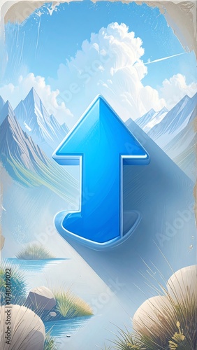 Upward-pointing arrow icon against a serene landscape backdrop of mountains and water