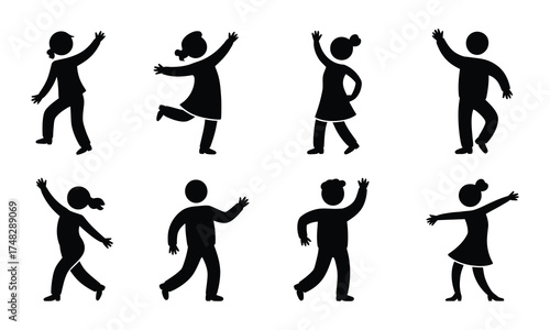 Black and white silhouettes of happy children vector illustration set