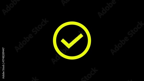 Bright yellow hand drawn check mark inside an oval shape on a solid black background