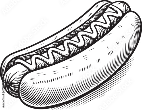 Bratwurst Sausage Hot Dog Fast Food Hand-drawn Sketch Drawing Vector Illustration, Line Linear Symbol Engraving Coloring Book, Black and White Isolated