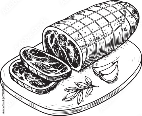 Bresaola Cured Meat Hand-drawn Sketch Drawing Vector Illustration, Line Linear Symbol Engraving Coloring Book, Black and White Isolated