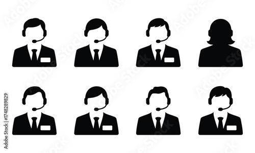 Customer support call center agents wearing headsets black silhouettes