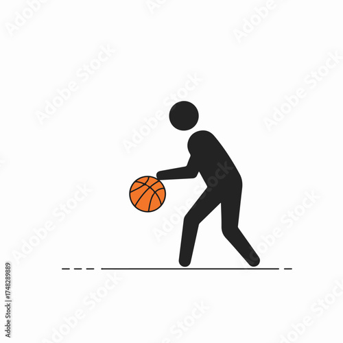Minimalist pictogram of a person dribbling a basketball, symbolizing sport, activity, and individual play.