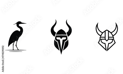 Minimalist Black and White Vector Icons Featuring Bird and Viking Helmets