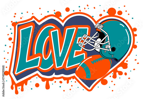 Graffiti lettering LOVE with heart, football and helmet in orange, Aqua, white and blue tones. Dynamic street art vector design, bold sports illustration, urban typography for modern style.