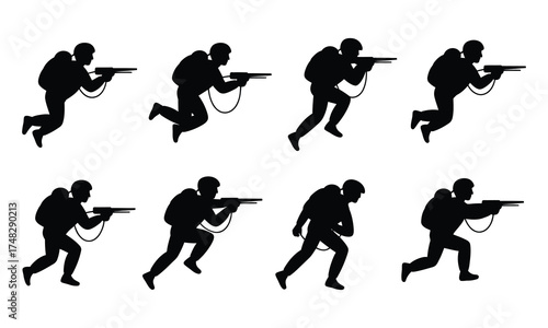 Running soldiers with rifles vector silhouette illustration on white background