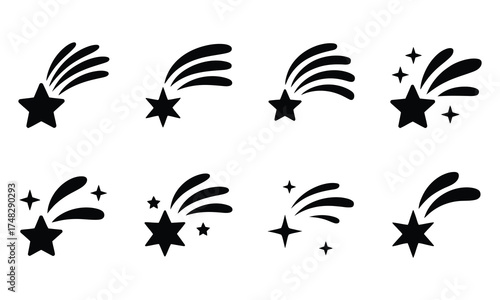 Set of black shooting star icons illustration vector isolated on white background