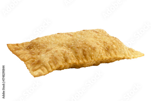 Brazilian pastry, fried dough and stuffed with meat, savory typical of fairs and markets on an isolated white background.