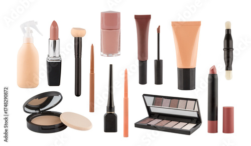 A collage set with cosmetics and tools for makeup and hairstyling. A set of lipsticks, a cushion for applying liquid makeup, skincare products, eyeshadow, a bottle of cream, and a brush.