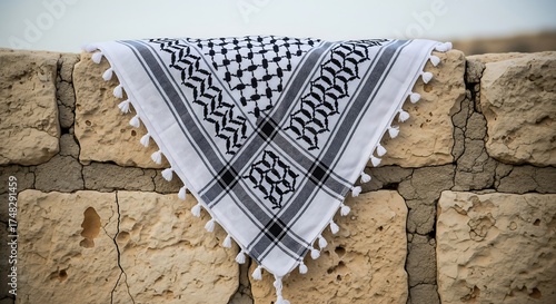 Minimalist Scene Keffiyeh On Cracked Stone Fence Culture Struggle