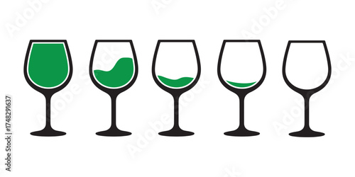 Different filled wine glasses vector icon set illustration.