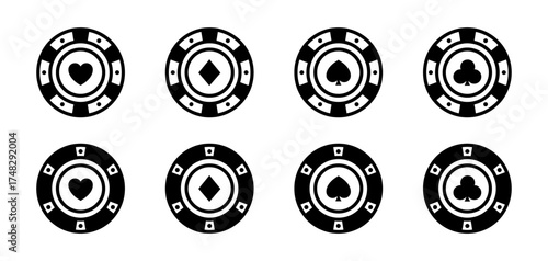 Poker chips vector icons. Casino chip icons. Poker symbols with spades, hearts, diamonds, clubs. Playing poker concept. Vector EPS 10
