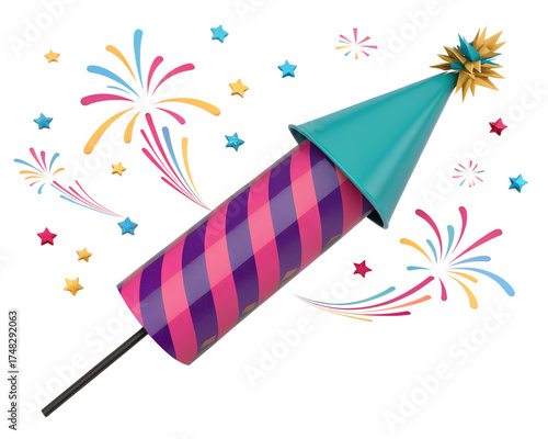 A colorful firework rocket with a teal cone and purple and pink stripes, isolated on transparent background