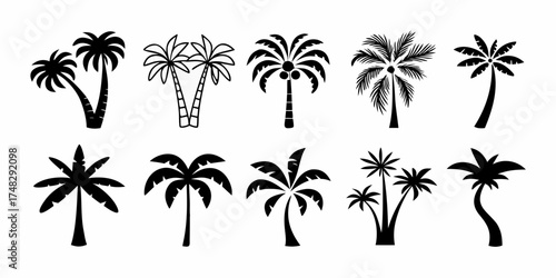 Collection of diverse black silhouette palm tree icons and illustrations on a white background
