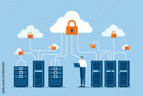 Man managing secure cloud computing network with servers and locked clouds