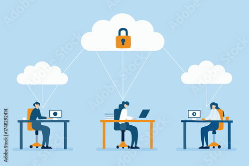Secure cloud computing concept with people working on laptops connected to a central locked cloud