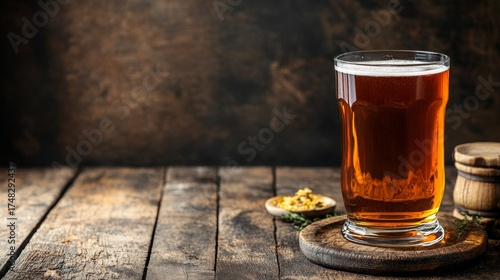 A glass of kvass on a wooden coaster with spices next to it, highlighting a cozy, rustic setting