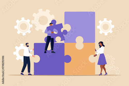 Diverse team of professionals collaborating to solve a complex puzzle and build a successful project