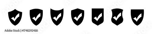 Shields with ticks collection. Black shields with checkmarks vector icons set, isolated on white background. Tick on shield icon set. Vaccination confirmation icons. Vector graphic Vector EPS