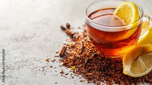 Glass cup of aromatic rooibos tea with lemon, surrounded by tea leaves and cinnamon sticks