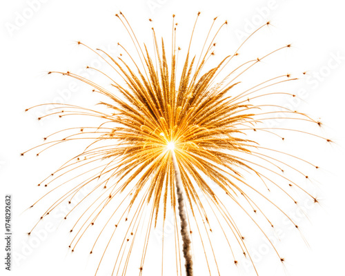 A single golden firework exploding in a starburst pattern, isolated on transparent background