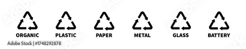 Recycling materials icon set. Recycling tringle sign, icon, symbol.Different recycling materials. Arrow icon collection. Editable stroke. Vector design. Line icon. Arrow icon collection. EPS 10