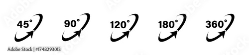 45 90 120 180 360 degree icon set in flat style. Different degree view rotation set. 360 degree view. Minimal interface icon, symbol. Different degrees icon set. 45-360 degrees. Vector graphic. EPS 10