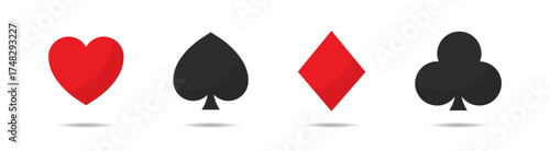 Playing card suits vector set. Spades Hearts Diamonds and Clubs icons isolated on white background. Card deck. Gamble game concept logo. Poker kards. Vector graphic. EPS 10