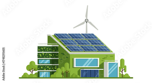 Modern eco building with solar panels and wind turbine

