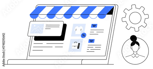 E-commerce interface on laptop with storefront awning, product cards, shopping cart, user profile, and gear. Ideal for online shopping, technology, digital marketing, retail concepts e-commerce