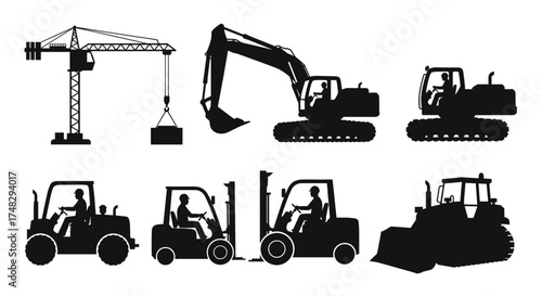 Heavy construction equipment and machinery silhouettes

