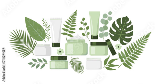Natural organic cosmetics for skincare with green plant leaves

