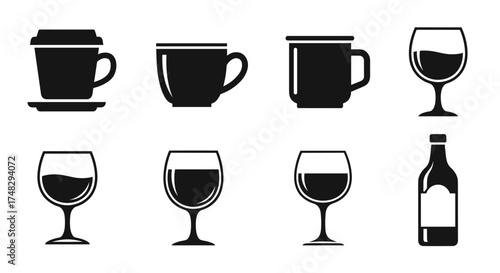 Set of coffee cups and carafe and wine glasses