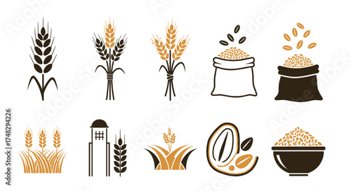 Set of agriculture icons with wheat, grain bags, silos, seeds, plants and cereal bowl
