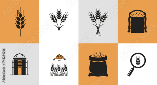 Set of agriculture icons with wheat, grain bags, silo, field and magnifying glass
