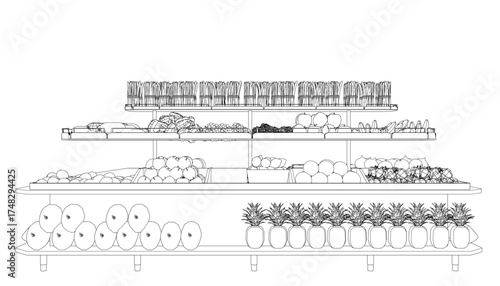 A black and white contour drawing of a grocery shelf stocked with fresh fruits and vegetables, including apples, oranges, carrots, and peppers.