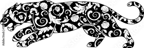 Maximalist Ornate Rococo Jaguar Animal Silhouette Vector Illustration	