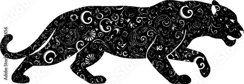 Maximalist Ornate Rococo Jaguar Animal Silhouette Vector Illustration	