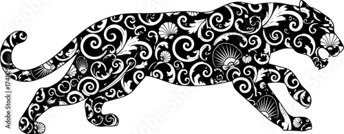 Maximalist Ornate Rococo Jaguar Animal Silhouette Vector Illustration	