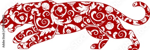 Maximalist Ornate Rococo Jaguar Animal Silhouette Vector Illustration	