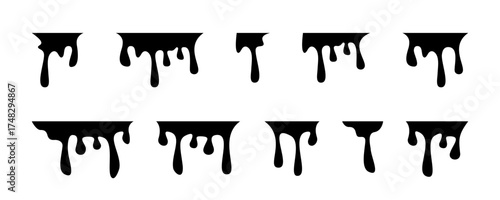 Black ink runs. Ink drop icon set. Black melt drips. Liquid vector paint drops. Black paint drips set. Dripping paint. Liquid drips. Vector graphic EPS 10